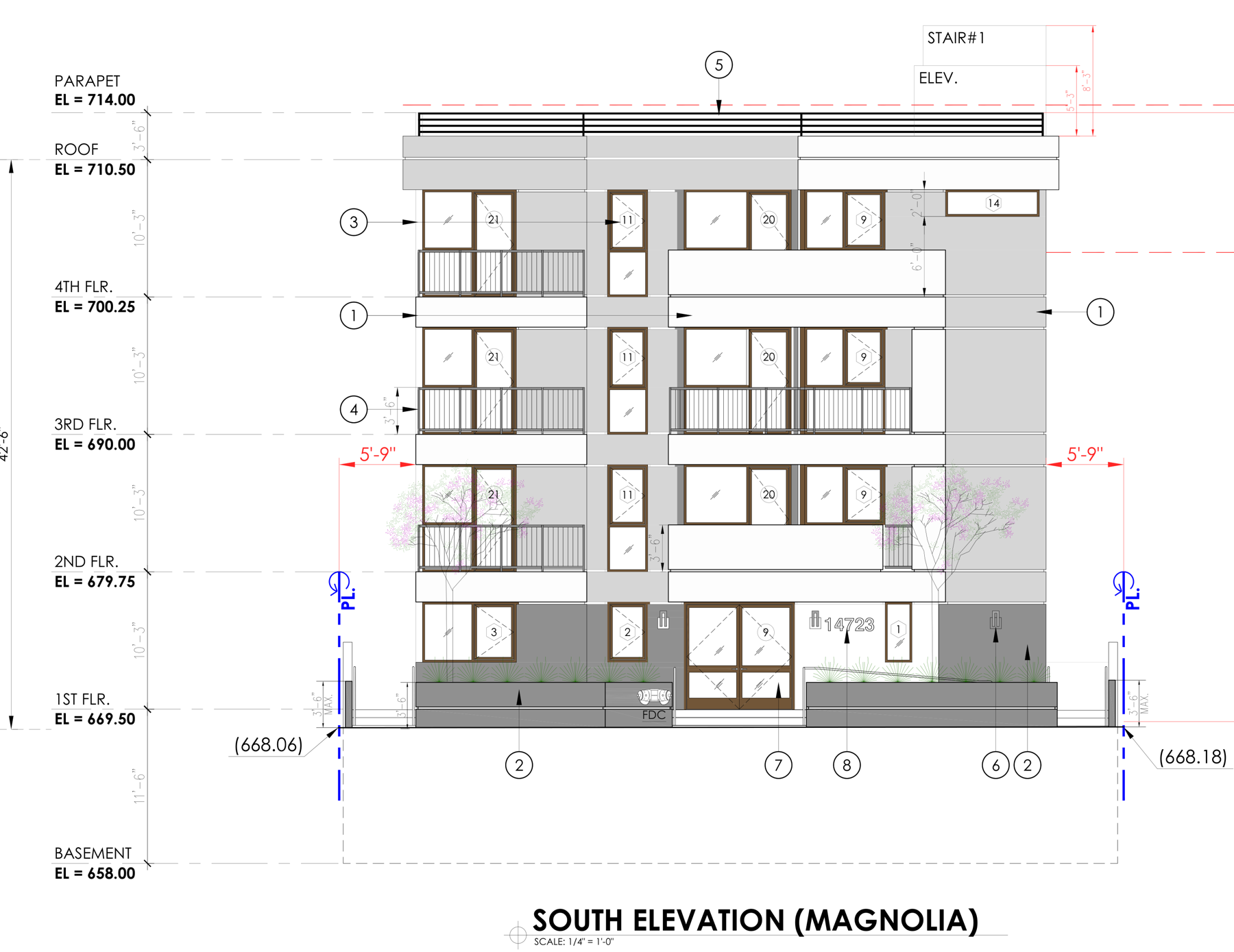 South elevation of the approved building facing Magnolia Boulevard